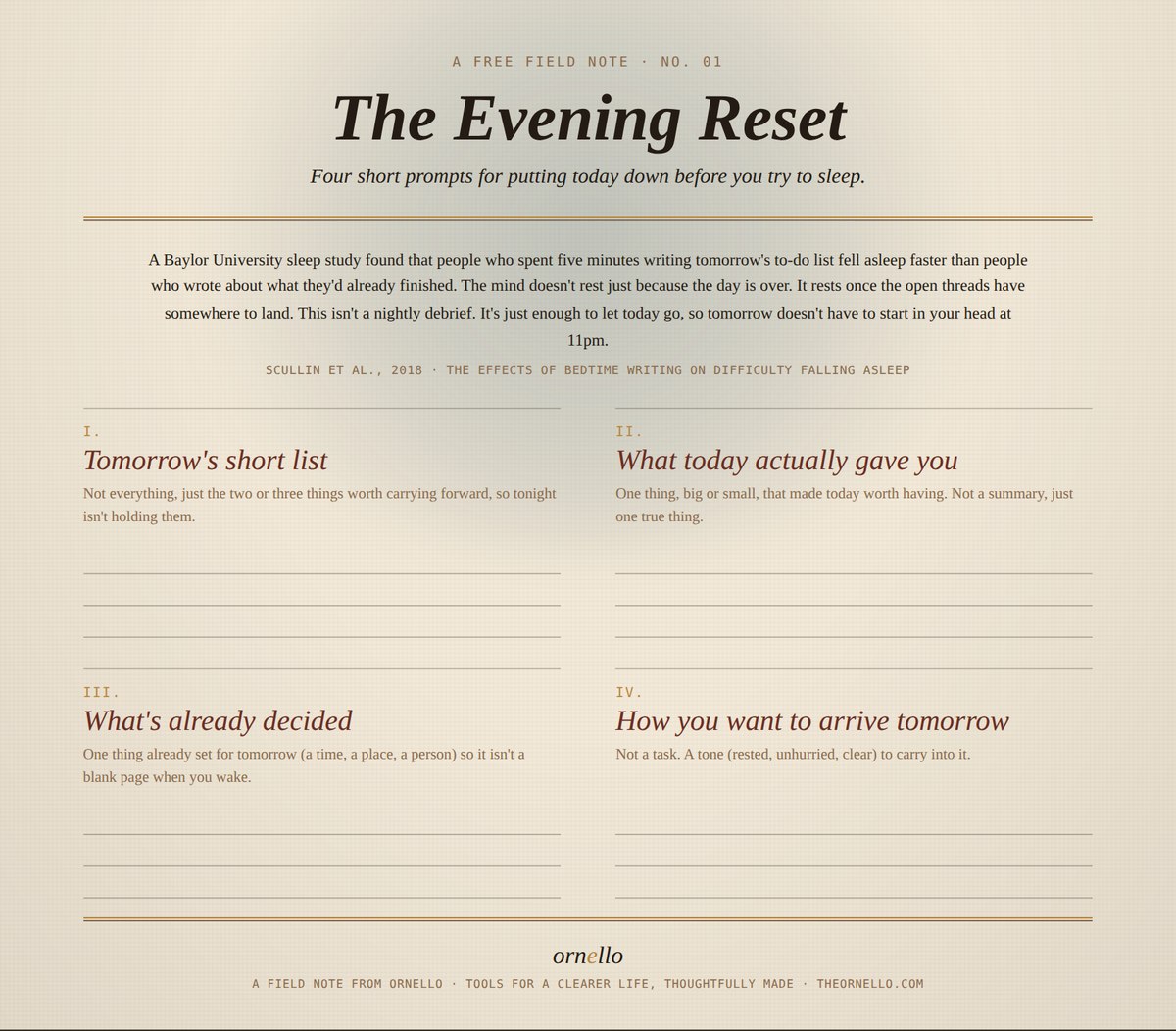 Preview of The Evening Reset, a free field note from Ornello