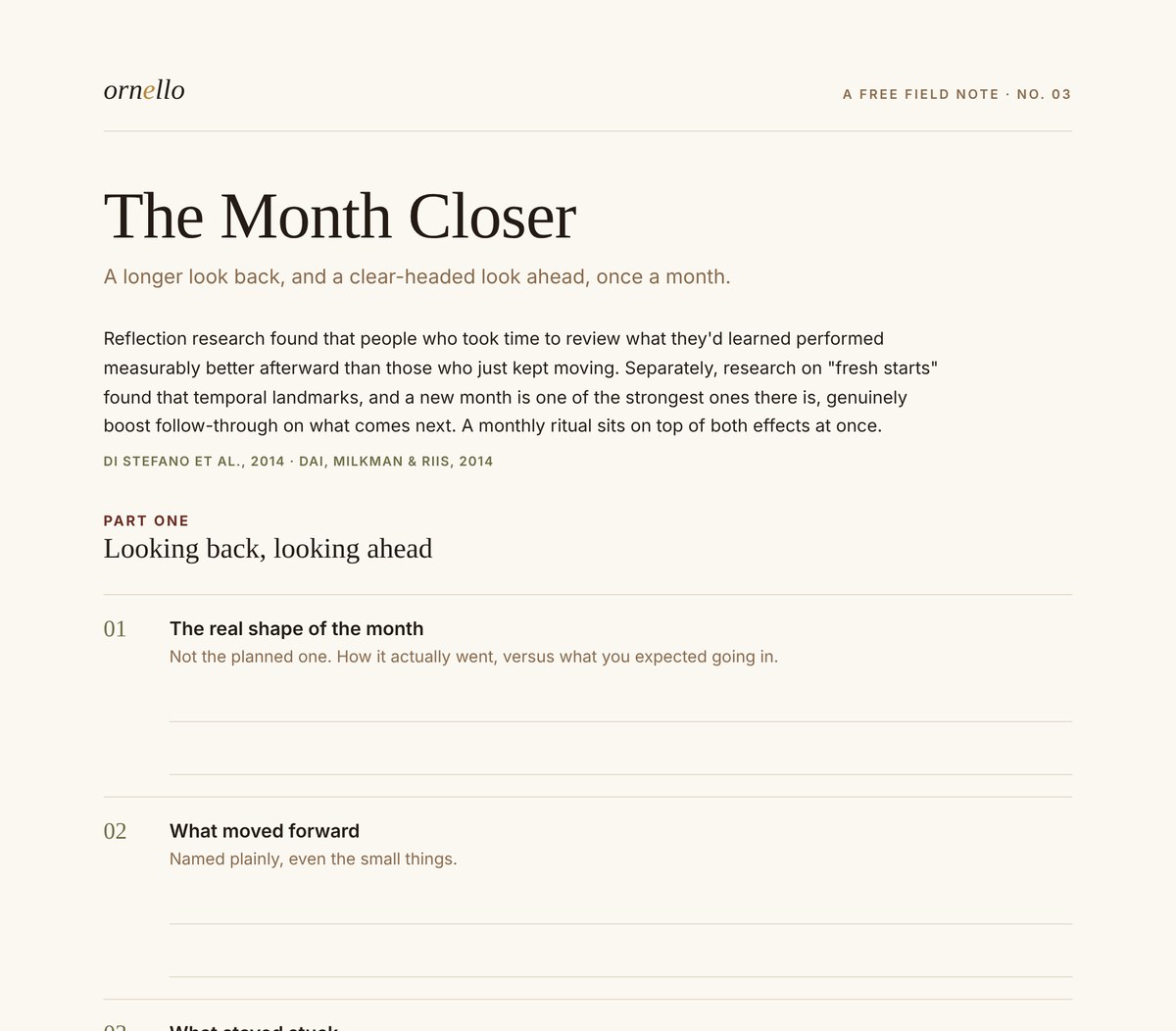 Preview of The Month Closer, a free field note from Ornello